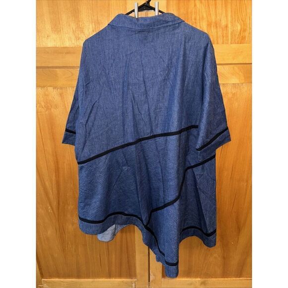 M Square By Neetu Malik Shirt Jacket 2X Button Cotton Blue Asymmetrical Hem Trim - Picture 3 of 8